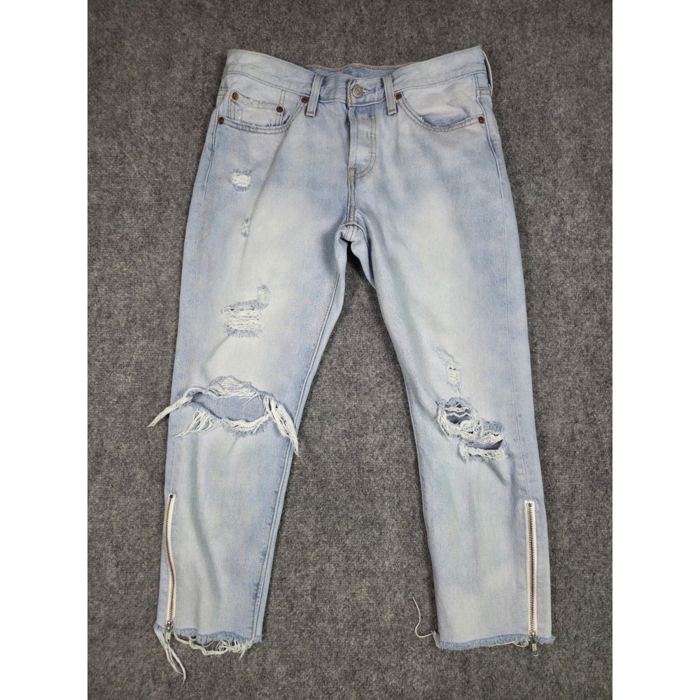 Levi's 501 Taper Jeans Mens 31x25.5 Light Wash Distressed Ankle Zip Denim